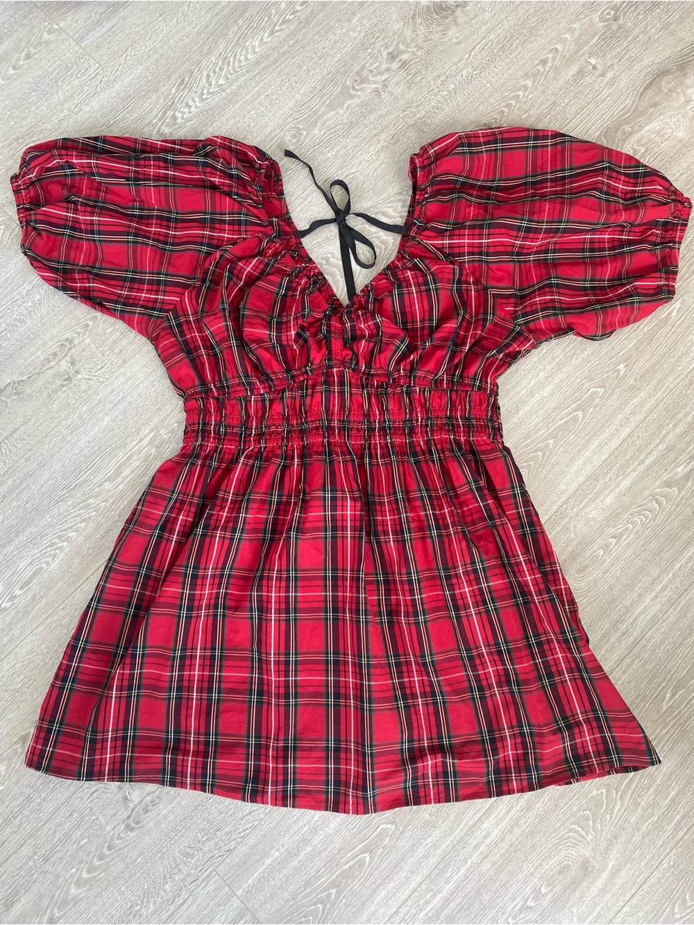 New - Size XL Red Plaid Puff Sleeve Mini Dress